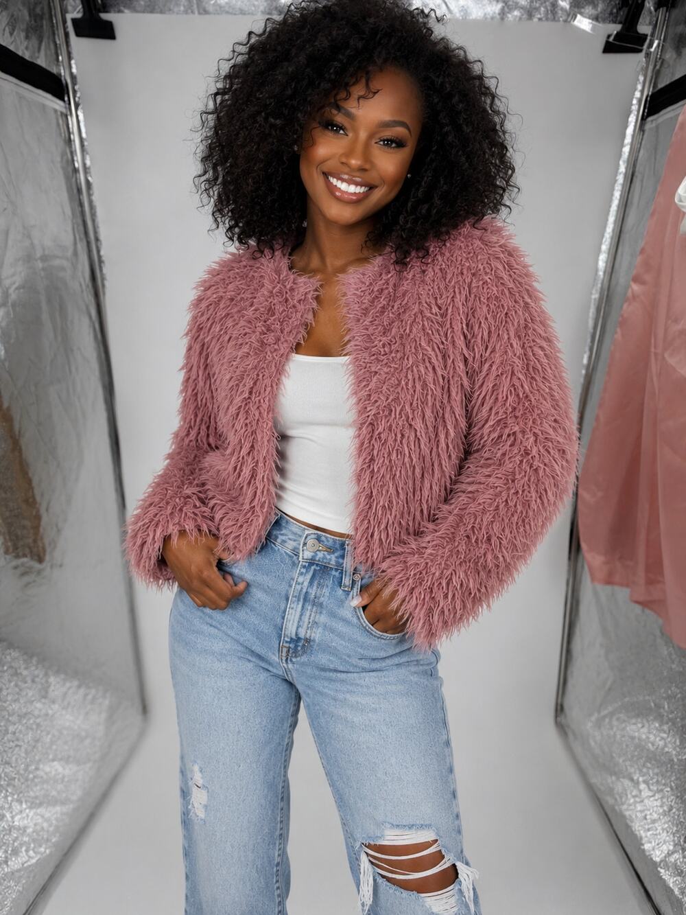 Candies Mauve Rose Gold Pink Faux Fuzzy Furry Shag  Full Zip Jacket Coat S/M